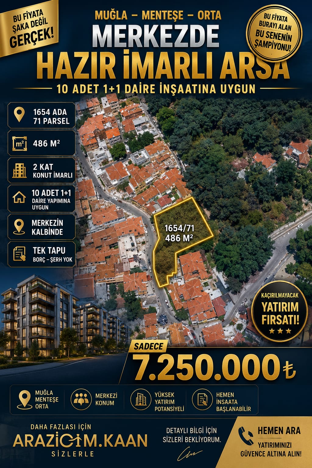 Muğla Menteşe Orta'da Merkezde | 486 m² İmarlı Arsa | 10 Adet 1+1 Daire Projesine Uygun!